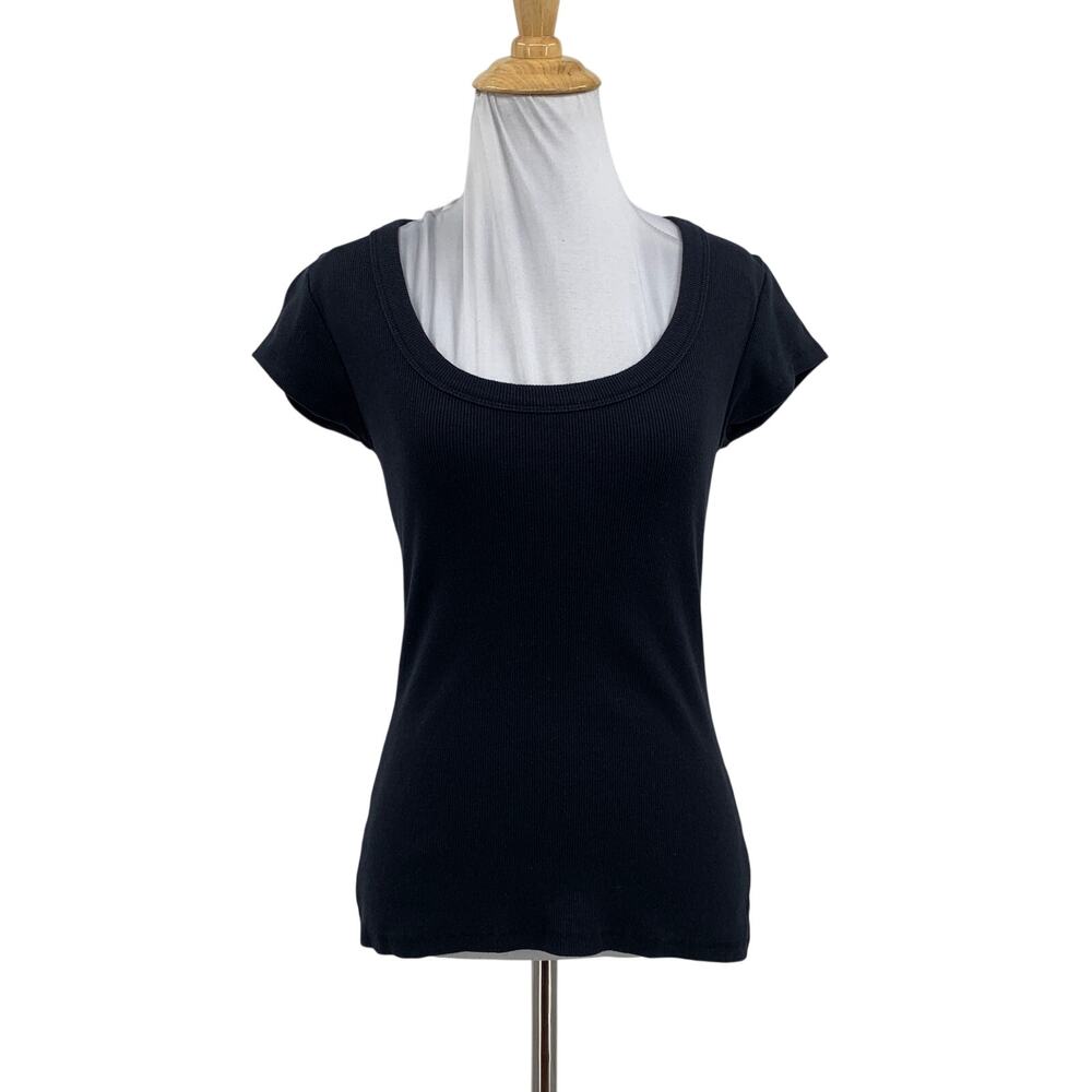 Pilcro T Shirt Womens M Medium Black Ribbed Knit Short Sleeve Scoop Neck Casual